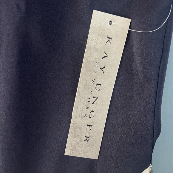 NWT Kay Unger Izabella Asymmetrical Neck Jacquard Navy Multi Ball Gown - Picture 6 of 8